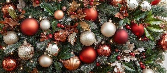 Fototapeta premium Festive arrangement of ornaments and decorations on a Christmas tree showcasing colorful baubles and natural elements for holiday spirit