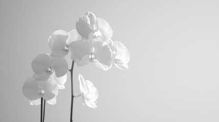 Elegant white orchid blossoms against a soft white background showcasing delicate floral beauty and tranquility.
