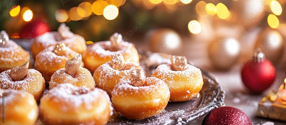 Sticker Festive New Year's donuts elegantly displayed on a silver tray surrounded by holiday decorations and soft glowing lights