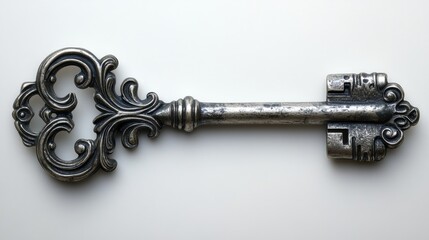 Ornate silver skeleton key featuring intricate designs isolated on a clean white background for vintage and historical themes