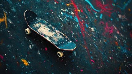 Reviving a Vintage Skateboard with Artistic Black and Colorful Paint Splashes