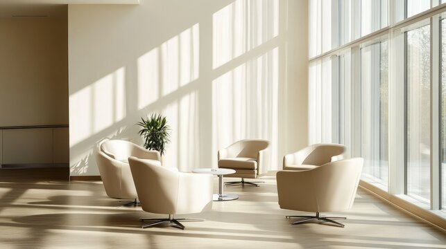 A contemporary meeting room with a clean layout, light beige tones, ergonomic seating, and sunlight streaming through expansive windows