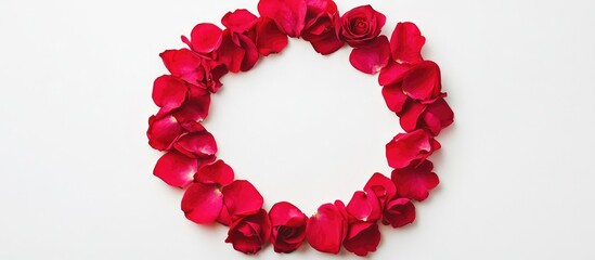 Obraz premium Round floral wreath composed of vibrant red roses and petals centered on a clean white background for elegant decor and invitations.