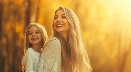 Fototapeta premium A photo of a cheerful mother smiling warmly. She is wearing a loose, flowy long dress and holding hands with her 4-year-old daughter,