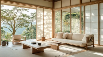 Japandi minimalist living room with natural wood furniture, soft beige tones, and large floor-to-ceiling windows