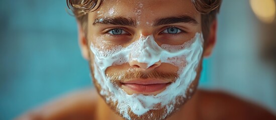 Young man applying shaving cream in a bathroom setting showcasing grooming routine and skincare habits for a fresh look.