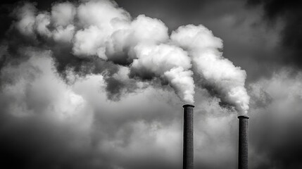 Industrial smokestacks releasing thick smoke under a dramatic grey sky highlighting environmental pollution and industrial activity.