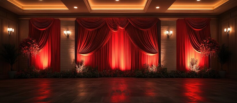 Elegant red velvet backdrop with luxurious drapery and floral embellishments, ideal for events and upscale presentations.