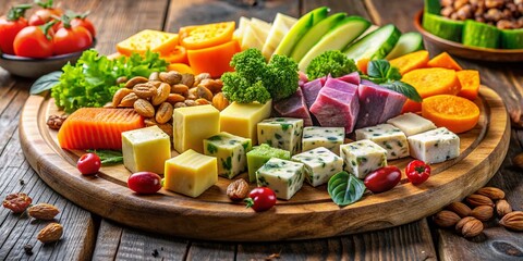 Deliciously Colorful Keto Snack Platter Featuring Cheese Cubes, Nuts, and Fresh Chopped Vegetables on a Rustic Wooden Board for Healthy Eating Inspiration