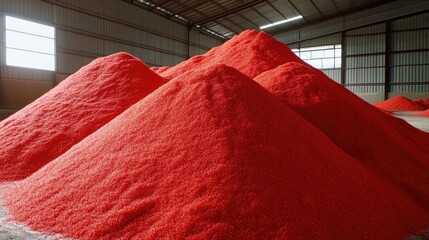 Red phosphate fertilizers stored in large mounds inside a warehouse demonstrating agricultural storage and distribution practices.
