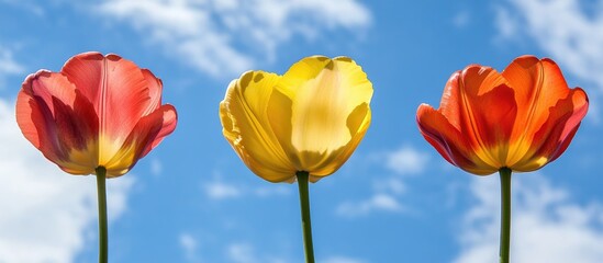 Obraz premium Vibrant tulips in yellow orange and coral against a bright blue sky showcasing nature's beauty on a sunny day