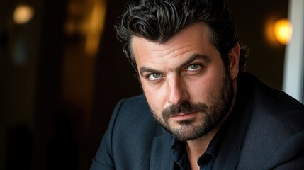 Obraz premium Confident businessman in his 30s gazing directly at the camera with a serious expression wearing a stylish black suit.