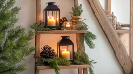 Cozy Holiday Lanterns on Rustic Shelves
