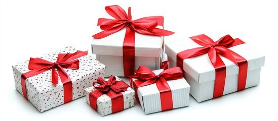 Elegant gift boxes decorated with red ribbons perfect for celebrations and special occasions on a white background