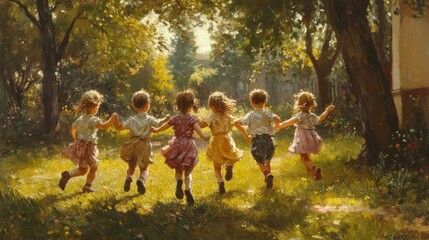 Obraz premium Children playing together in a park, showcasing the joy of friendship and social interaction.