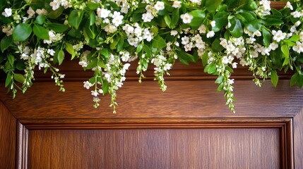 Jasmine garland adorned with white flowers for Buddhist offerings and Mother's Day celebrations on wooden door background.