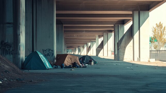 An urban homeless encampment under a highway overpass, highlighting the plight of homelessness in modern cities, minimalistic photography style