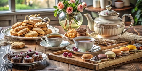 Naklejka premium Delightful Afternoon Tea Set with Cookies and Pastries on a Tray, Perfectly Styled for a Cozy Gathering or Elegant Event, Showcasing a Beautiful Arrangement of Treats