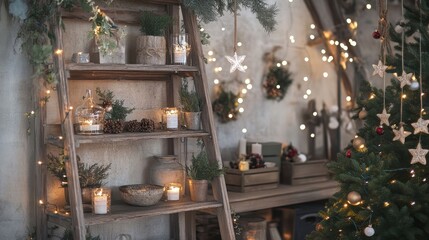 Cozy Holiday Decor with Rustic Elements and Lights