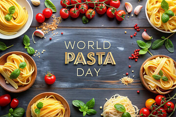 World Pasta Day  A festive arrangement of pasta, tomatoes, herbs, and spices on a dark wooden background.