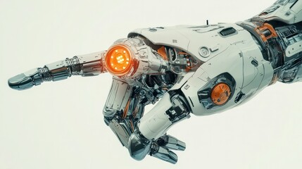 Mechanical robot hand with articulated fingers, index finger pointing outward, white background, high detail