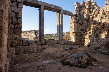 Rows of columns in Perge, Antalya, Turkey. Remains of colonnaded street in Pamphylian ancient...