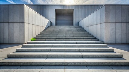 Obraz premium A long staircase leading towards a doorway with a modern gray facade in the background