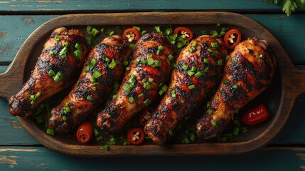 Roasted chicken legs garnished with green onions and peppers on a rustic wooden platter against a vibrant blue background