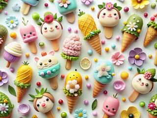 Obraz premium Delightful Kawaii Pastel Ice Creams with Cute Motifs like Flowers and Bees on a White Background Captured from Above with Drone Photography