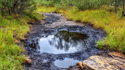 Industrial pollution and environmental impact on a river with stagnant water surrounded by lush greenery and natural habitat.