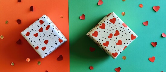 Handmade holiday gift box adorned with red hearts on a colorful tabletop showcasing vibrant colors and scattered paper hearts for festive themes