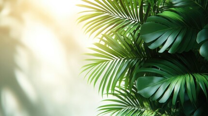 Lush tropical palm leaves creating a vibrant green backdrop with soft light for a fresh and serene atmosphere.