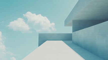 Architectural abstract blue modern building wall with white backdrop against a clear sky and soft clouds showcasing contemporary design elements