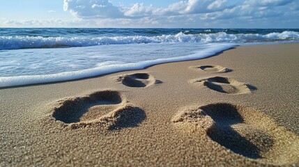 Footprints in the sand leading toward distant waves, capturing a sense of movement and discovery.