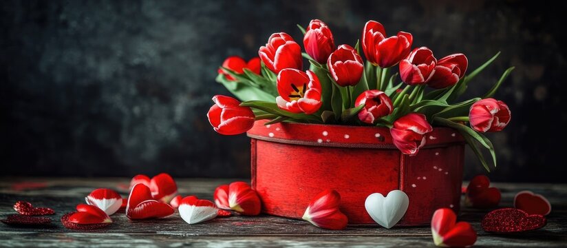 Valentine's Day backdrop with vibrant red and white tulip flowers in a red box on a rustic wooden surface with heart decorations