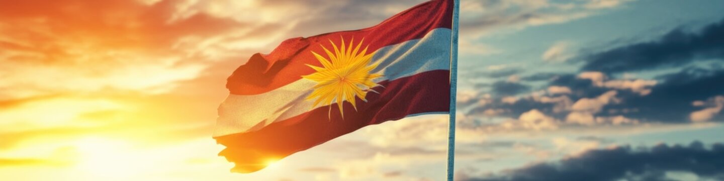 Kurdish flag waving at sunset.