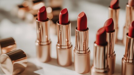 Elegant arrangement of red lipsticks on a white table showcasing beauty products and vibrant cosmetics for makeup enthusiasts