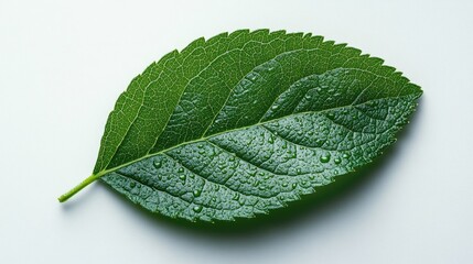 Obraz premium Fresh green alm leaf with water droplets isolated on a clean white background showcasing natural texture and vibrant color.
