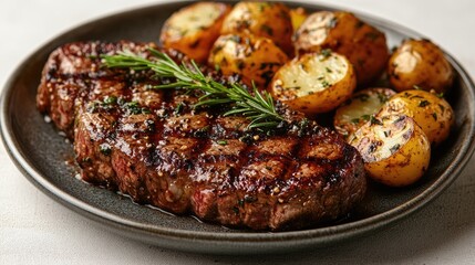 Grilled beef steak with rosemary and seasoned potatoes on a plate viewed from above against a white background