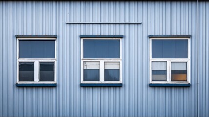 Fototapeta premium Blue vertical wall with three rectangular windows showcasing modern architectural design and texture details in urban setting.