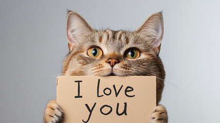 I love you. Cat holds sign with the inscription. White background. Love and care for animals.