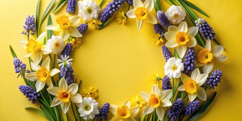 A vibrant spring arrangement of yellow daffodils, white blossoms, and purple grape hyacinth, arranged around a yellow background, symbolizing the arrival of new life and cheerful optimism.