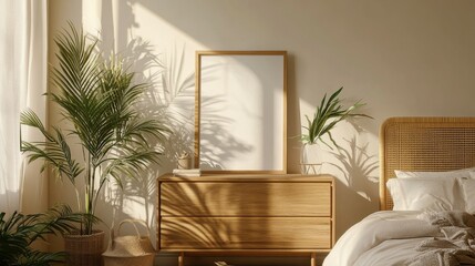 Minimalist bedroom with an empty frame on the dresser