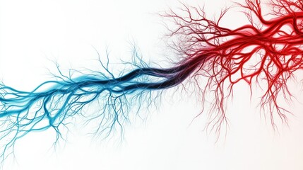 Fototapeta premium Minimalist representation of blood circulation, red and blue hues creating flowing lines on white
