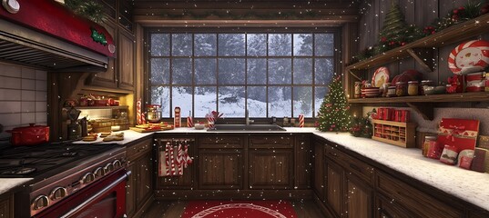 Naklejka premium A cozy Christmas kitchen with cookies baking in the oven, candy canes on the shelves, and snow falling outside the window 