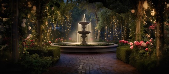 Romantic garden setting with a sparkling fountain illuminated by fairy lights and blooming flowers creating an enchanting atmosphere at night