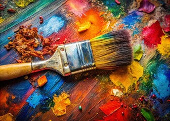 Fototapeta premium Dirty Painting Brush on Canvas with Space for Text, Showcasing Artistic Chaos and Creativity in a Panoramic View, Perfect for Art and Craft Blogs or Educational Material