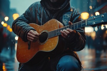 Obraz premium Musician Performing with Guitar in Evening Street Festival