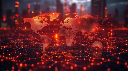 Obraz premium A digital world map illuminated in red, symbolizing connectivity and technology.