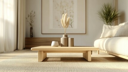 Modern Japandi living room featuring a warm neutral palette, soft textiles, and a simple, low wooden coffee table